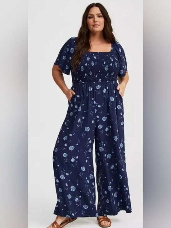 torrid Pants - Torrid Floral Smocked Flutter Sleeve Wide-Leg Jumpsuit Size 1X (14-16)